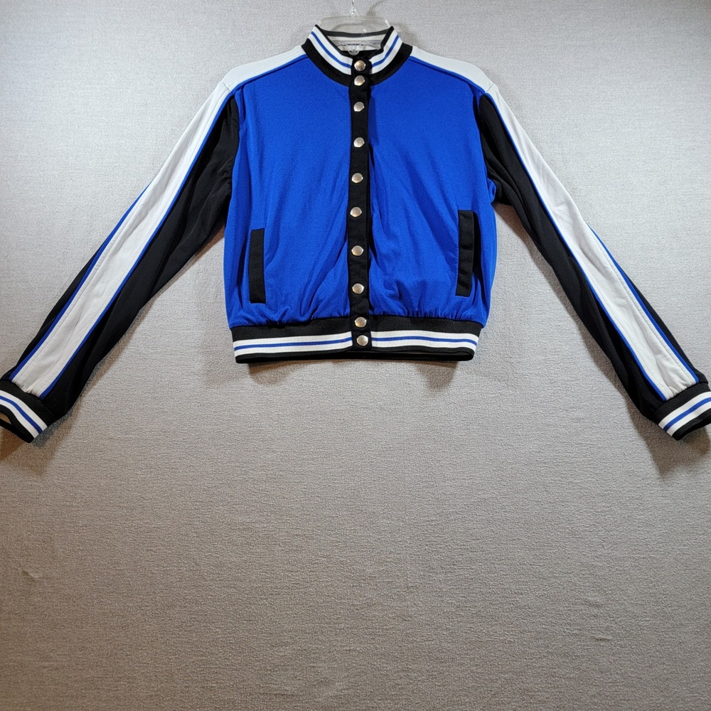 XOXO Bomber Jacket Womens XS Blue Excellent Varsity Snap Front Striped Trim